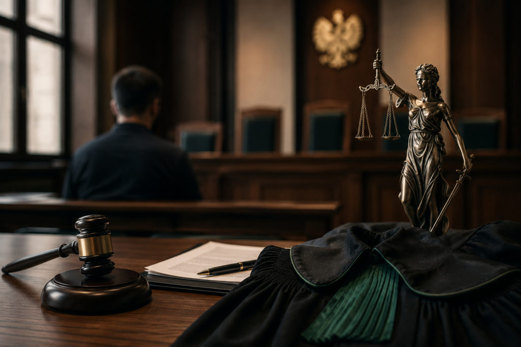 Temida, młotek sędziowski i&nbsp;toga w&nbsp;polskiej sali sądowej.